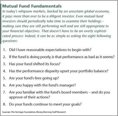 Mutual Fund Fundamentals - In today's whipsaw markets, backed by an uncertain global economy, it pays more than ever to be a diligent investor. Even mutual-fund investors should periodically take time to examine their holdings - making sure they are still performing well and ar still appropriate to your financial objectives. That doesn't have to be an overly sophisticated process: Indeed, it can be as simple as asking the eight following quesitons...