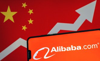 China's flag with an arrow going up and to the right and an iPhone showing Alibaba's logo and the words, "Alibaba.com."