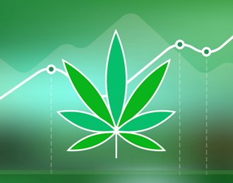 Graphic of marijuana leaf with line chart in the background