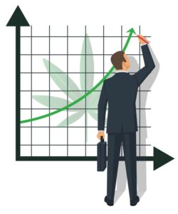 A businessman drawing a positive trend line on a graph representing the upward momentum of the cannabis industry
