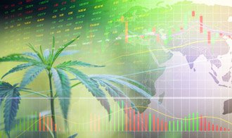 A cannabis leaf imposed over a screen showing stock numbers and charts.