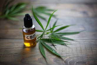 A liquid vial labeled “CBD” next to a cannabis plant leaf.