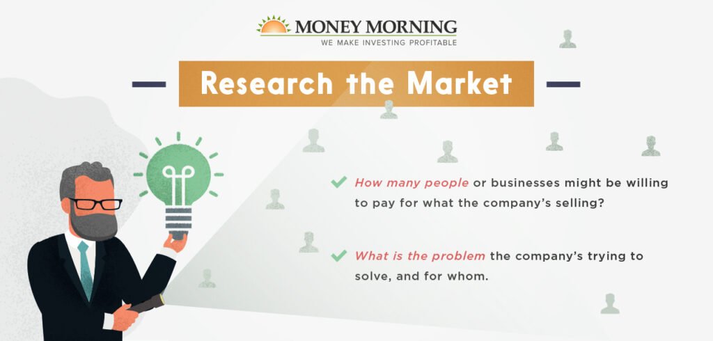 Key factors to look for in a startup to invest in; #2 "Research the Market" graphic