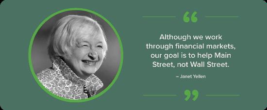 A black and white portrait of Janet Yellen with a quote.