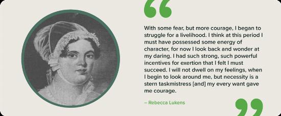 A black and white portrait of Rebecca Lukens with a quote.